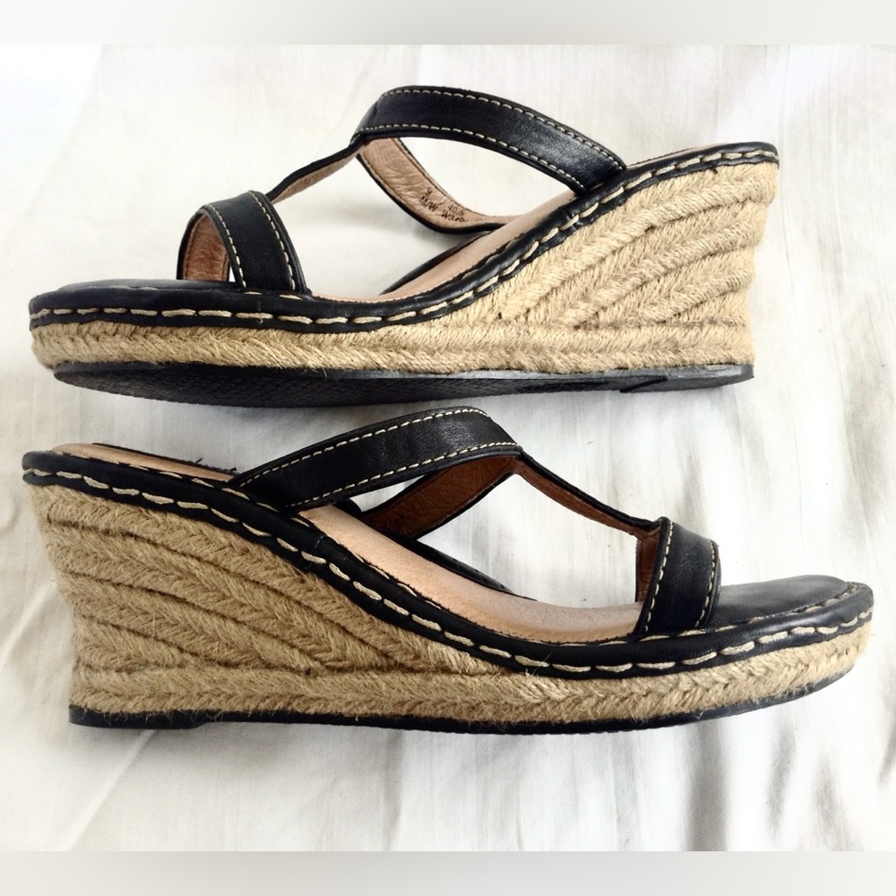 Born Black Leather Contrast Stitch Women’s Wedge Platform Comfort Sandals 9 40.5
